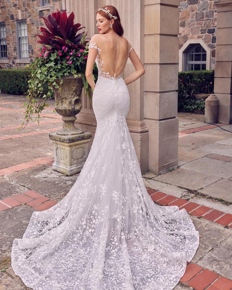 La22121 off the shoulder lace sleeve wedding dress with backless design1